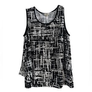 ECI Sleeveless Layered Abstract Stretch Blouse XL Extra Large Black White Top